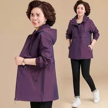 Ветровка куртка женская весна осень среднего возраста мама темперамент повседневный капюшон универсальный тренчкот женский топ 4XL темно-синий