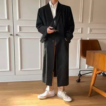 Ветровка мужская средней длины, осенняя, новая, мужская, корейский стиль, модное свободное пальто выше колена с воротником M чёрный