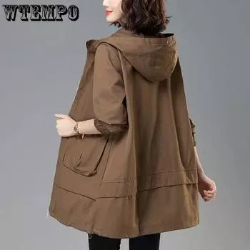 Ветровка на подкладке, женская средняя длина, свободный корейский модный 4xl осенне-весенний плащ, женская куртка с капюшоном 3XL