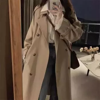 Ветровка пальто для женщин Новая весна и осень Британский стиль средней длины Ранняя осень Высококачественное пальто цвета хаки для женщин XS