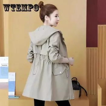 Ветровка с двухслойной подкладкой, женская весенне-осенняя свободная повседневная куртка-дождевик с капюшоном на талии L чёрный