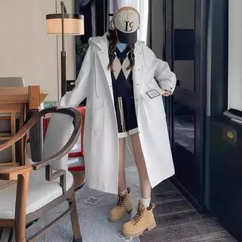 Ветровка с капюшоном женская весна-осень длинная новая корейская свободная повседневная куртка в студенческом стиле S белый