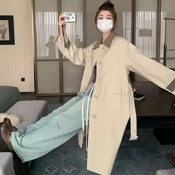 Ветровка с роговыми пуговицами, женская, средней длины, весна-осень, корейский стиль, свободный дизайн, повседневное пальто в студенческом стиле S