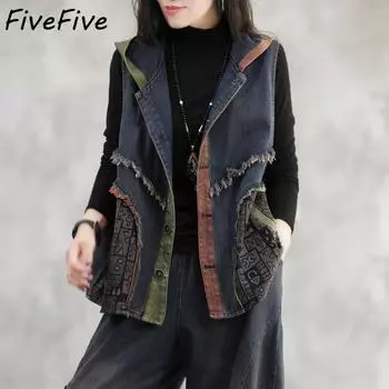 Ветровка средней длины без рукавов, свободный джинсовый жилет с капюшоном, большой размер, женский жилет, джинсовая рубашка, топ XXXL синий