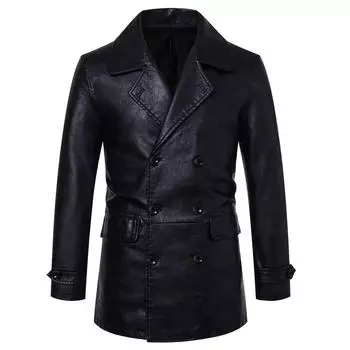 Ветровка средней длины из искусственной кожи Мужская кожаная куртка Двубортное тонкое пальто S