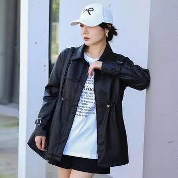 Ветровка средней длины, кожаная куртка, женская, новая, весна-осень, высококачественная, на талии, кожаная куртка, пальто M