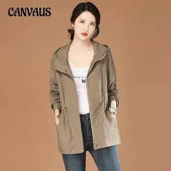 Ветровка средней длины с капюшоном, женская весенне-осенняя ветрозащитная повседневная куртка с талией M чёрный