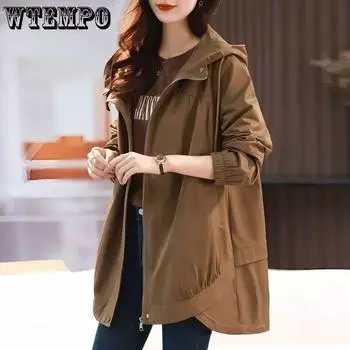 Ветровка женская длинная стильная весенне-осенняя корейская версия плюс размер модная женская куртка средней длины с капюшоном M чёрный