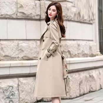 Ветровка женская осенняя мода новая популярная весна и осень длинное по колено на талии однотонное двубортное пальто в британском стиле 3XL