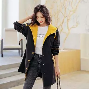 Ветровка женская средней длины весна и осень большого размера толстое свободное и тонкое пальто S хаки