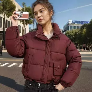 Ветрозащитная хлопковая одежда женская зимняя утолщенная стойка воротник свободная короткая корейская версия хлебная одежда с высокой талией куртка M чёрный