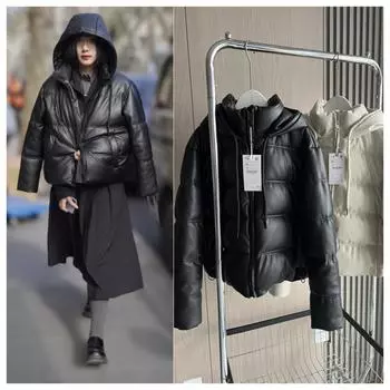 Ветрозащитная куртка Traf из искусственной кожи, женская, простая, с капюшоном и длинным рукавом, теплая куртка-анорак XS чёрный