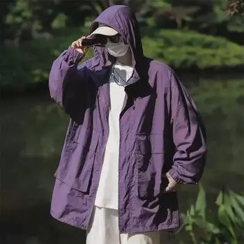 Ветрозащитная куртка-унисекс в японском стиле с капюшоном и множеством карманов для защиты от солнца Large серый