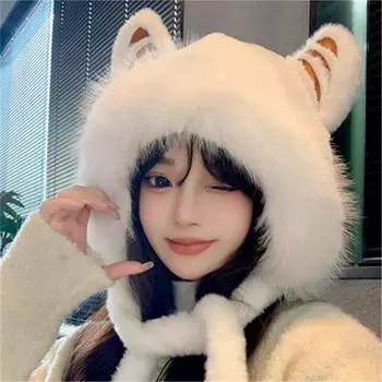 Ветрозащитная мягкая меховая шапка из тигра, теплая защитная шапка для ушей, модная шапка с тигровыми ушками для женщин белый