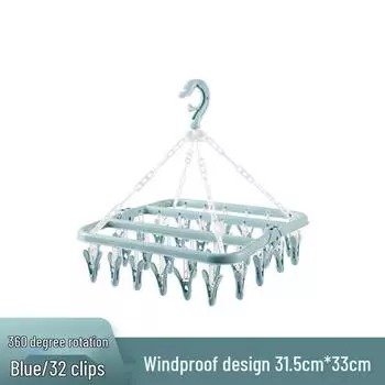 Ветрозащитная пластиковая вешалка с 32 прищепками: Многофункциональная сушилка для одежды и носков для взрослых и детей, портативная и прочная. синий