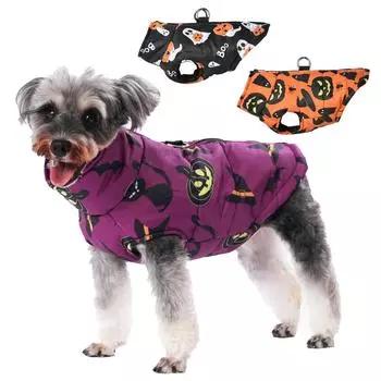 Ветрозащитная теплая одежда для собак с принтом Хэллоуина для маленьких и средних собак, кошек, зимняя куртка с D-образным кольцом для щенков, шнауцеров, чихуахуа, пальто S