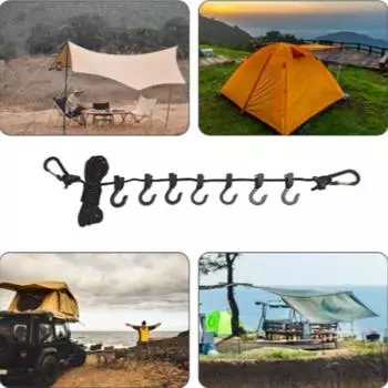 Ветрозащитная веревка для сушки белья длиной 5 м, регулируемая, для кемпинга, многоцелевые портативные прищепки для путешествий, для использования на открытом воздухе чёрный