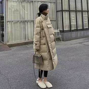 Ветрозащитное пальто с воротником-стойкой, зимние женские пуговицы, большие карманы, длинная парка, утепленная теплая хлопковая куртка, корейская куртка-пуховик S хаки