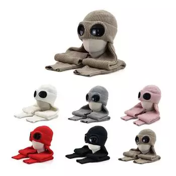 Ветрозащитные очки, холодная шапка, шарф, цельная шапка, мужские и женские солнцезащитные очки для защиты от холода, большая голова, шерстяная шапка, бархат. чёрный