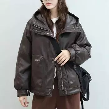 Ветрозащитные утепленные зимние куртки из искусственной кожи, женская мода, водонепроницаемое пальто с капюшоном для женщин, корейская свободная теплая пуховая хлопковая куртка S чёрный