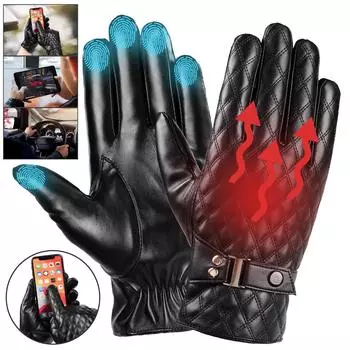 Ветрозащитные зимние кожаные перчатки из флиса с сенсорным экраном и варежки для езды на велосипеде на открытом воздухе One size чёрный