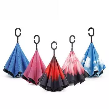 Ветрозащитный обратный зонт с C-крючком, перевернутый двухслойный зонт с длинным хвостовиком, креативный зонт с самостоятельной стойкой и защитой от дождя, Прямая доставка небесно-голубой