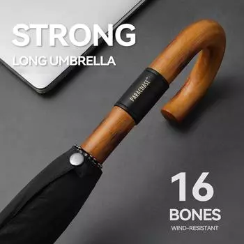 Ветрозащитный прочный деревянный зонт с длинной ручкой, роскошный зонт для мужчин, зонт от дождя для гольфа для женщин, 16 ребер тёмно-синий