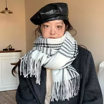Ветрозащитный зимний кашемировый шарф, утолщенный женский клетчатый платок, элегантный шерстяной шарф с кисточками для девочек чёрный