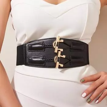 Ветряная Леди Двойная Пряжка Широкий Пояс Ретро Эластичный Эластичный Пояс Поясная Печать Украшение Талии
