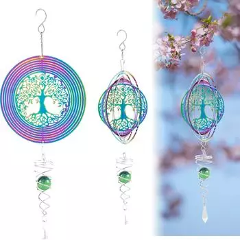 Ветряная вертушка 3D из нержавеющей стали Дерево жизни Скульптуры Украшения со спиральным хвостом Подвесные ветряные вертушки для декора сада 1pc