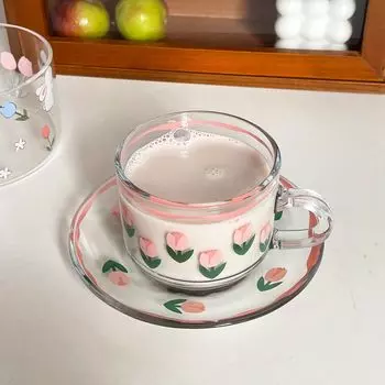 Ветряной тюльпан Кофейная чашка Блюдце Европейская пастораль Стеклянная кофейная чашка Блюдце Набор Французский ретро 201-300ml