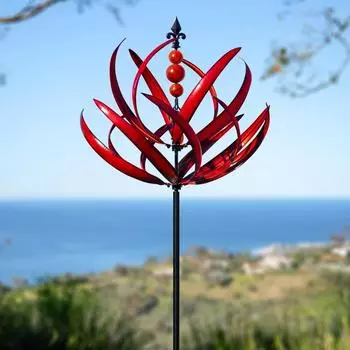 Ветряные вертушки для улицы - очень большие металлические ветряные скульптуры для улицы, вертушки со стойкой, ветряные мельницы для сада во дворе, декор газона для сада и двора красный