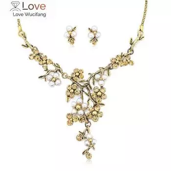 Ветвь Дизайн жемчужное ожерелье серьги комплект женский этнический стиль сплав ключица цепочка подходящее платье ювелирные изделия сексуальный кристалл 47cm золотой