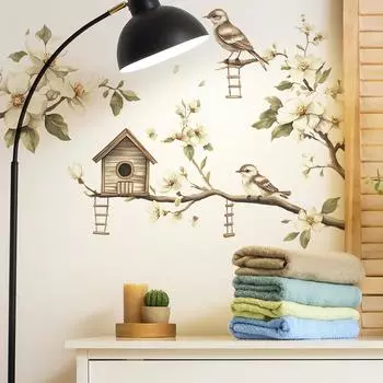 Ветви дерева магнолии птичий домик спальня гостиная кабинет фон ландшафтный дизайн настенная наклейка 40*60cm/fun-e144