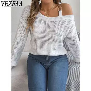 VEZFAA Женская мода Повседневный Осень Зима Однотонный Принт Длинный Рукав Косой Воротник Свитера S белый