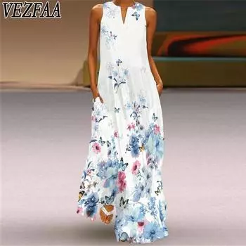 VEZFAA Women s Fashion Casual Flower Pattern Print Summer Spring Sleeveless V-Neck Casual Dresses S