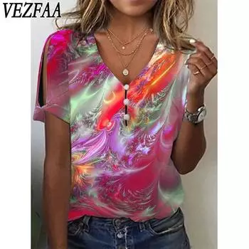 VEZFAA Женская мода Повседневная Летняя Весна Цветные Блоки Принт Короткие Рукава V-образный вырез Блузки и Рубашки S красный