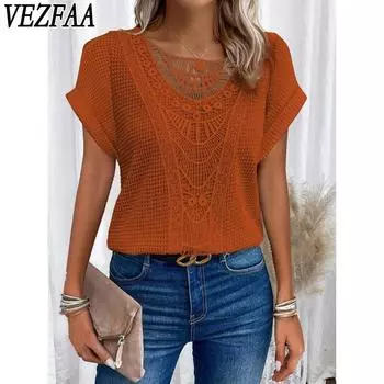 VEZFAA Женская мода Повседневная весна-осень Однотонные принты Короткие рукава О-образный вырез Блузки и рубашки S тёмно-синий