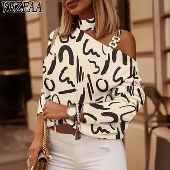 VEZFAA Женская мода Повседневная весна-осень Геометрический принт Длинные рукава Висячий воротник Блузки и рубашки S