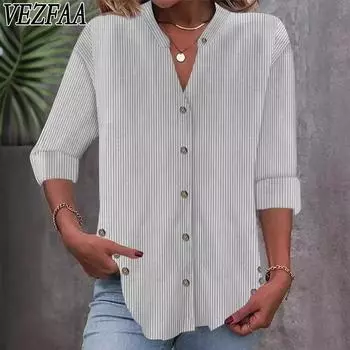 VEZFAA Женская мода повседневная весна осень полосатый принт длинный рукав полуводолазка блузки и рубашки S серый
