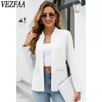 VEZFAA Женская мода Повседневная весна-осень Однотонный принт Длинный рукав Поло воротник блузки и рубашки S