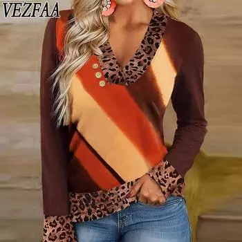 VEZFAA Женская мода повседневная весна осень леопардовый принт длинный рукав V-образный вырез блузки и рубашки S