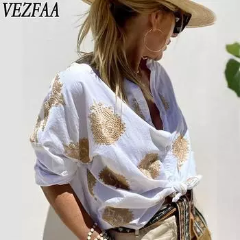 VEZFAA Женские модные повседневные весенне-осенние блузки и рубашки-поло с длинными рукавами и воротником-стойкой S белый