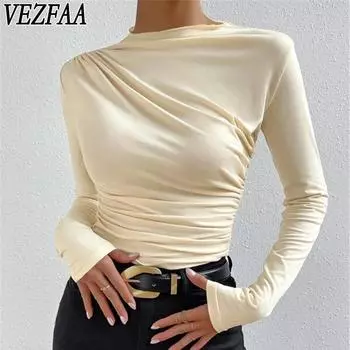 VEZFAA Женская мода Повседневная весна-осень Однотонные принты Длинные рукава Полуводолазка Блузки и рубашки XS абрикосовый
