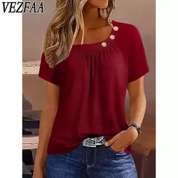VEZFAA Женская мода повседневная весна осень лето весна короткие рукава О-образный вырез блузки и рубашки S красный