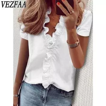 VEZFAA Women s Fashion Casual Spring Fall Solid Color Print Short Sleeve V-Neck Blouses & Shirts