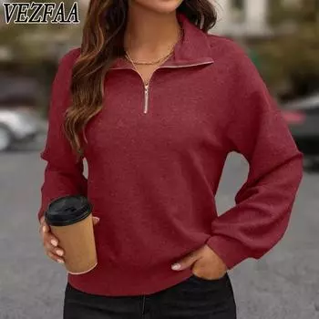 VEZFAA Женская мода Повседневная Весна Осень Однотонный Принт Длинный Рукав Воротник-ПОЛО Пуловеры и Длинные Рукава S светло-серый