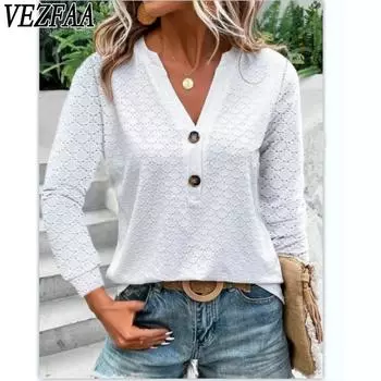 VEZFAA Women s Fashion Casual Spring Fall Solid Color Print Long Sleeve V-Neck Pullovers & Long Sleeves Blouses & Shirts S белый