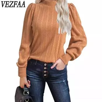 VEZFAA Women s Fashion Casual Spring Fall Solid Color Print Long Sleeve Half Turtleneck Pullovers & Long Sleeves S оранжевый