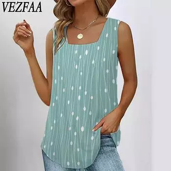 VEZFAA Женская мода Повседневная Летняя Весна Горошек Принт Короткий рукав Квадратный воротник Блузки и рубашки S серый